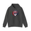 Dark gray hoodie with hood and front pocket, featuring a circular sports team logo on chest