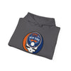 Charcoal gray hoodie with adjustable hood, front pouch pocket, New York Mets logo patch