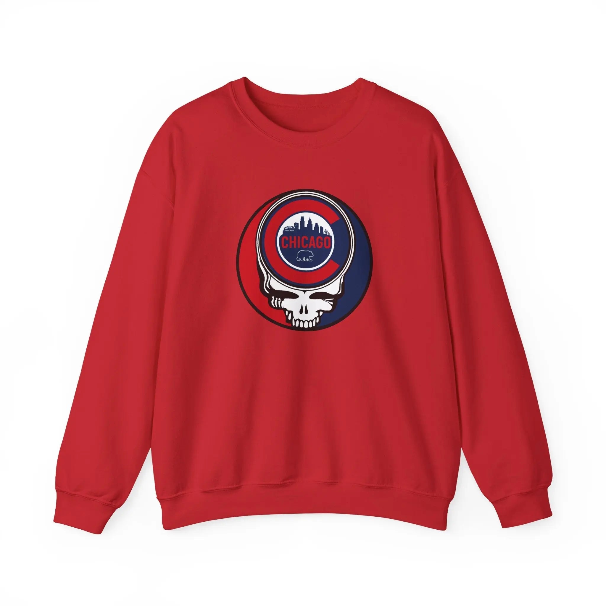 Red crewneck sweatshirt with circular Chicago graphic skull logo on the chest
