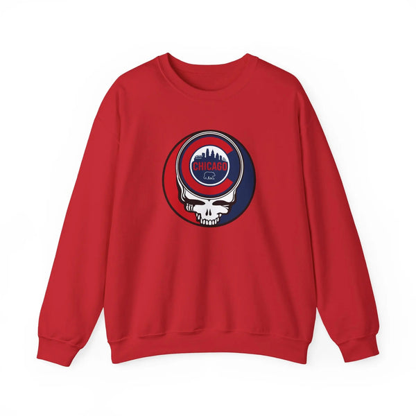 Red crewneck sweatshirt with circular Chicago graphic skull logo on the chest