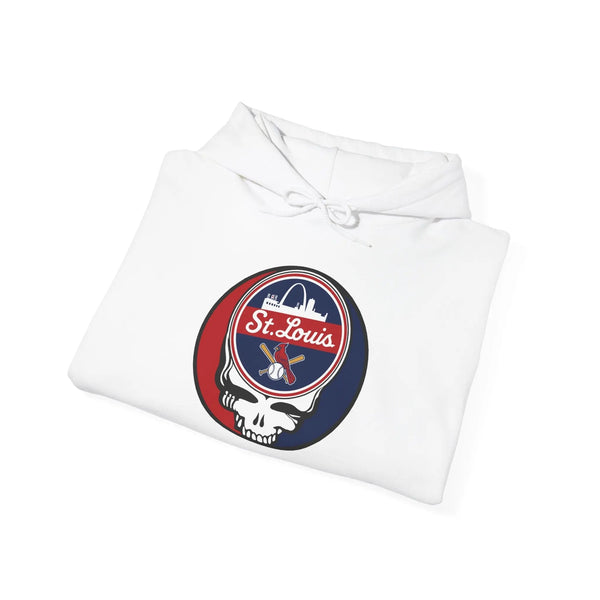 White folded pullover hoodie with front pouch pocket and drawstring, Cardinals logo patch