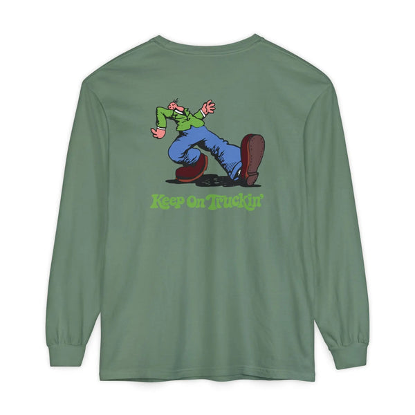 Long-sleeve garment-dyed green shirt, front graphic with “Keep on Truckin'”.