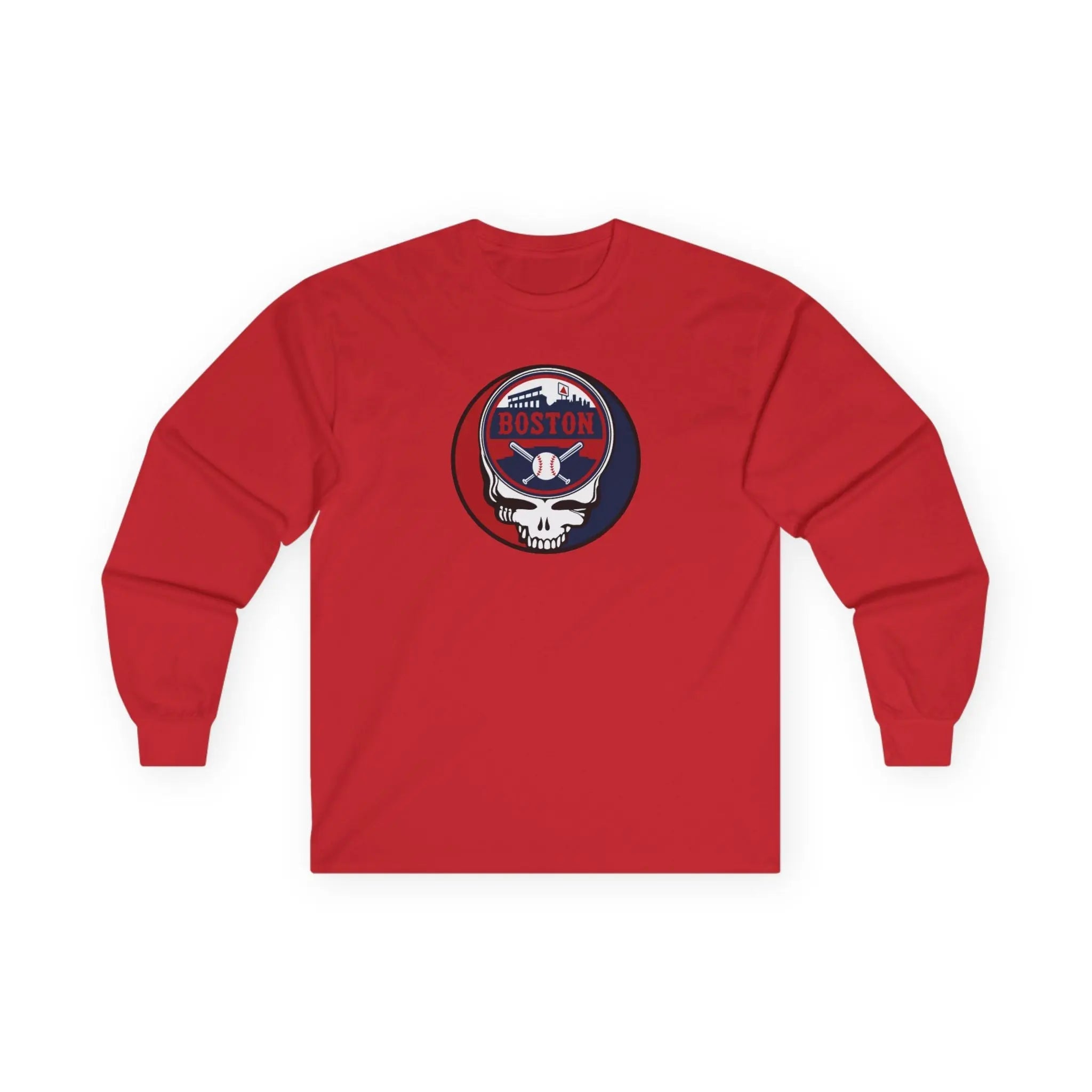 Red long-sleeve T-shirt with centered circular Boston logo
