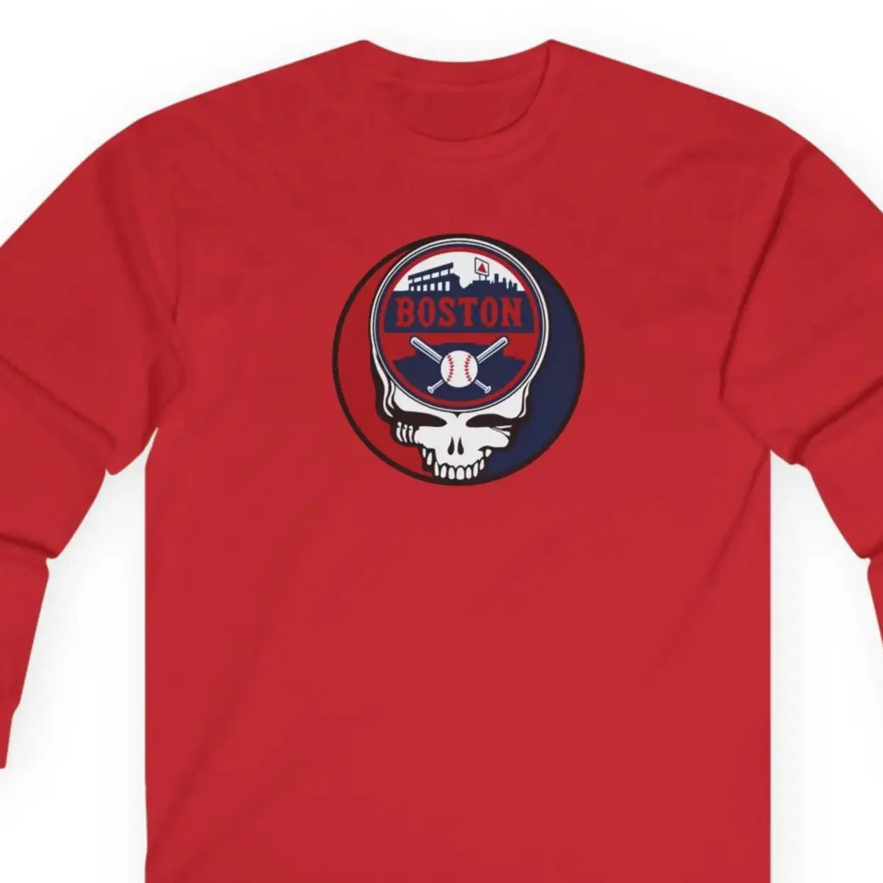 Red long-sleeve T-shirt with circular Boston logo graphic and crew neck
