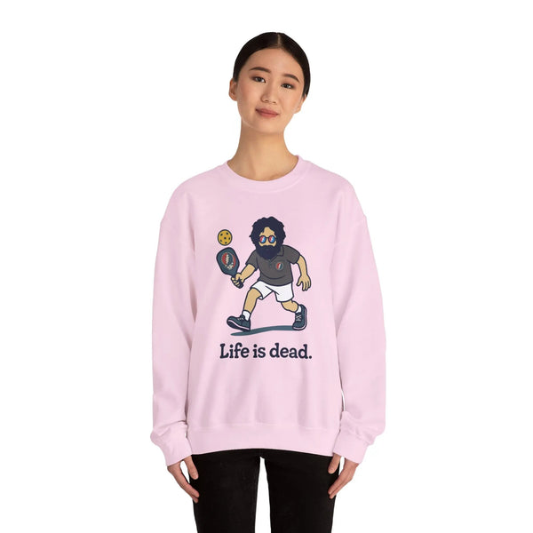 Light pink crewneck sweatshirt with cartoon character graphic and 'Life is dead.'
