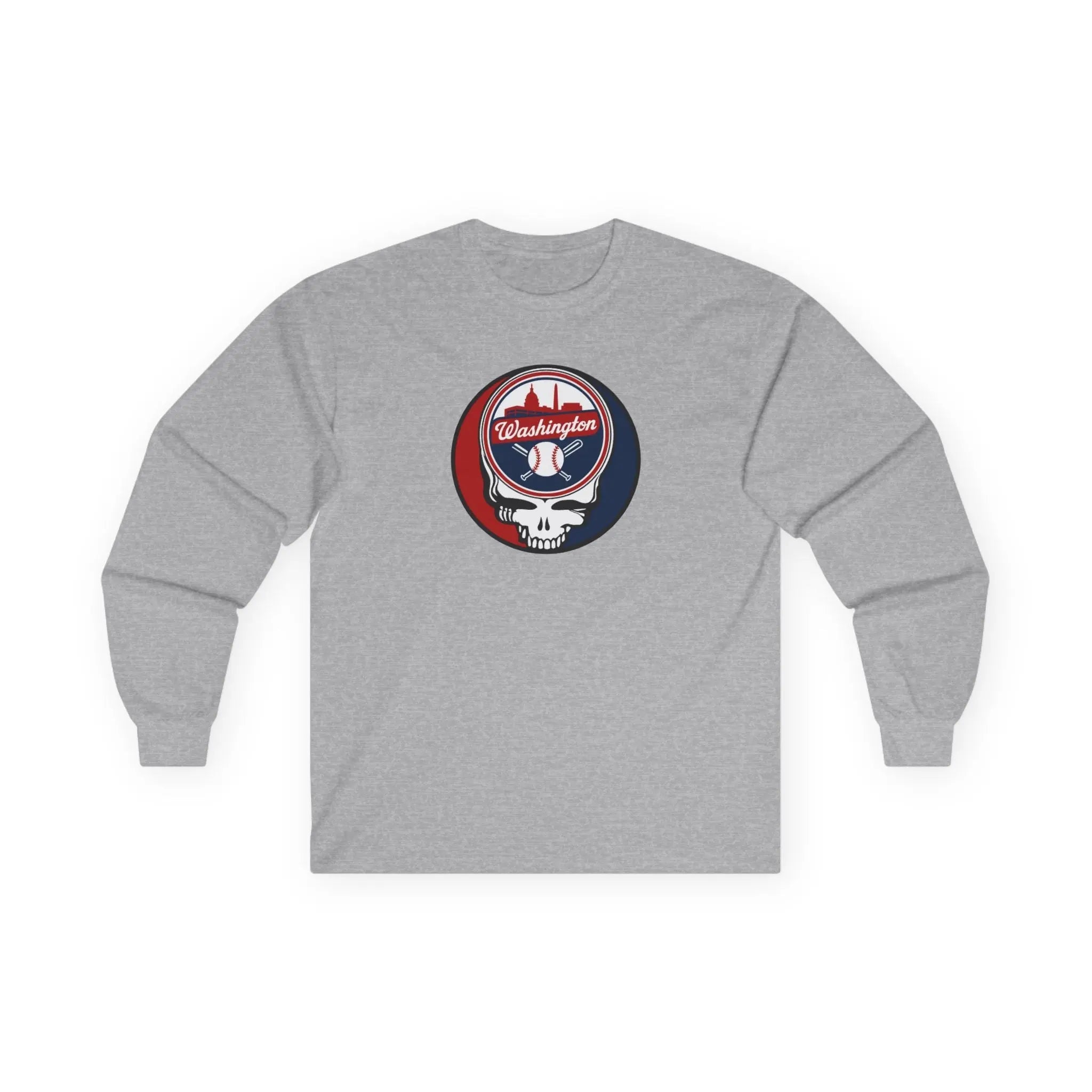 Heather gray long-sleeve T-shirt with circular Washington logo and skull graphic