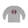 Heather gray long-sleeve T-shirt with circular Washington logo and skull graphic