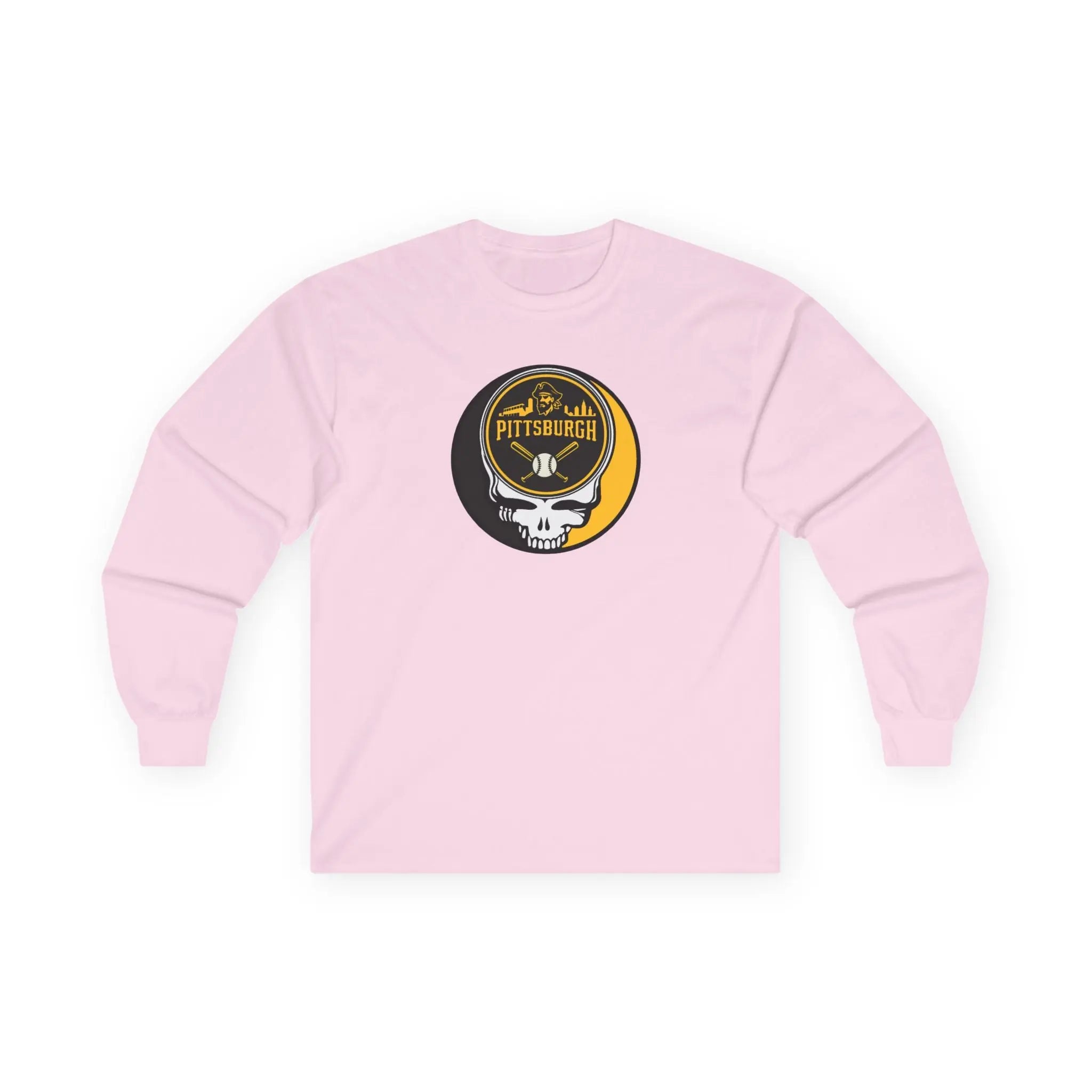Light pink long-sleeve T-shirt with Pittsburgh Pirates Stealie skull chest graphic