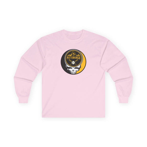 Light pink long-sleeve T-shirt with Pittsburgh Pirates Stealie skull chest graphic
