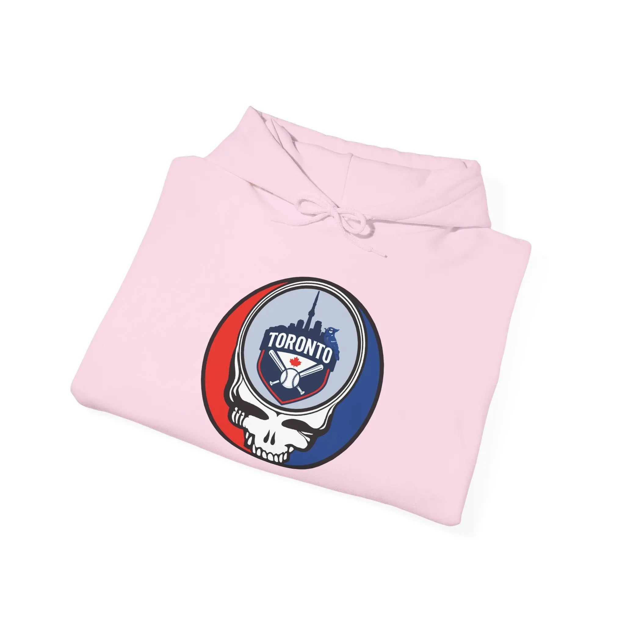 Pink pullover hoodie with front circular Toronto logo patch and drawstring hood