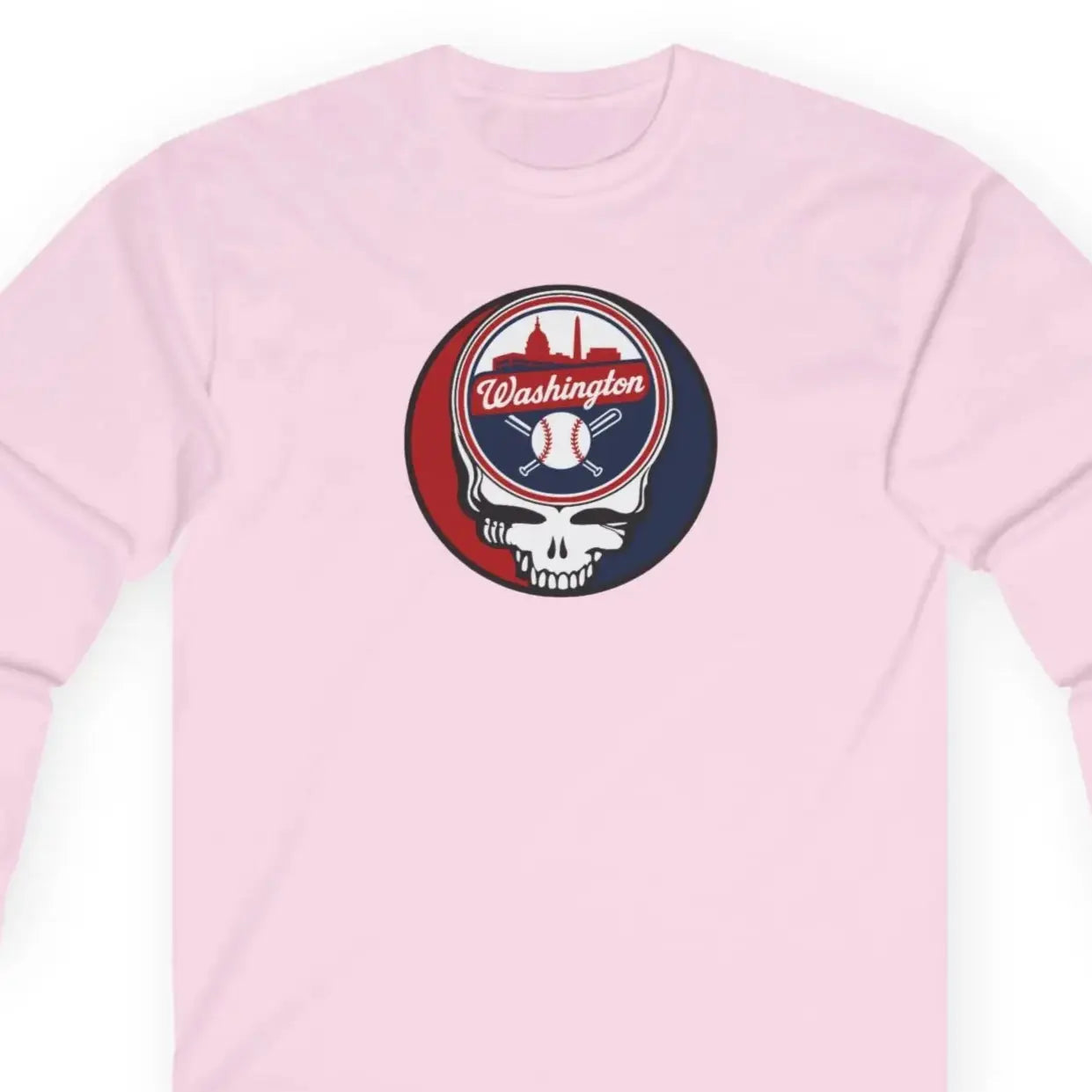 Light pink long-sleeve T-shirt with round Washington logo graphic on chest