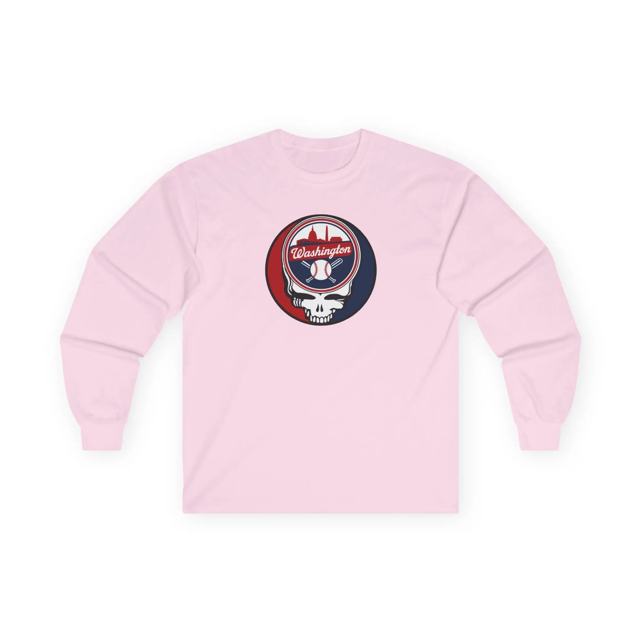 Light pink long-sleeve T-shirt with small round Washington logo graphic