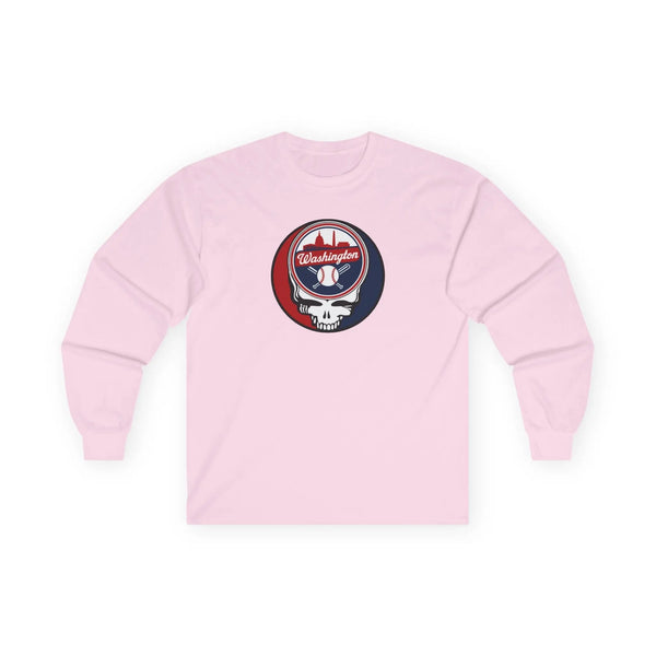 Light pink long-sleeve T-shirt with small round Washington logo graphic