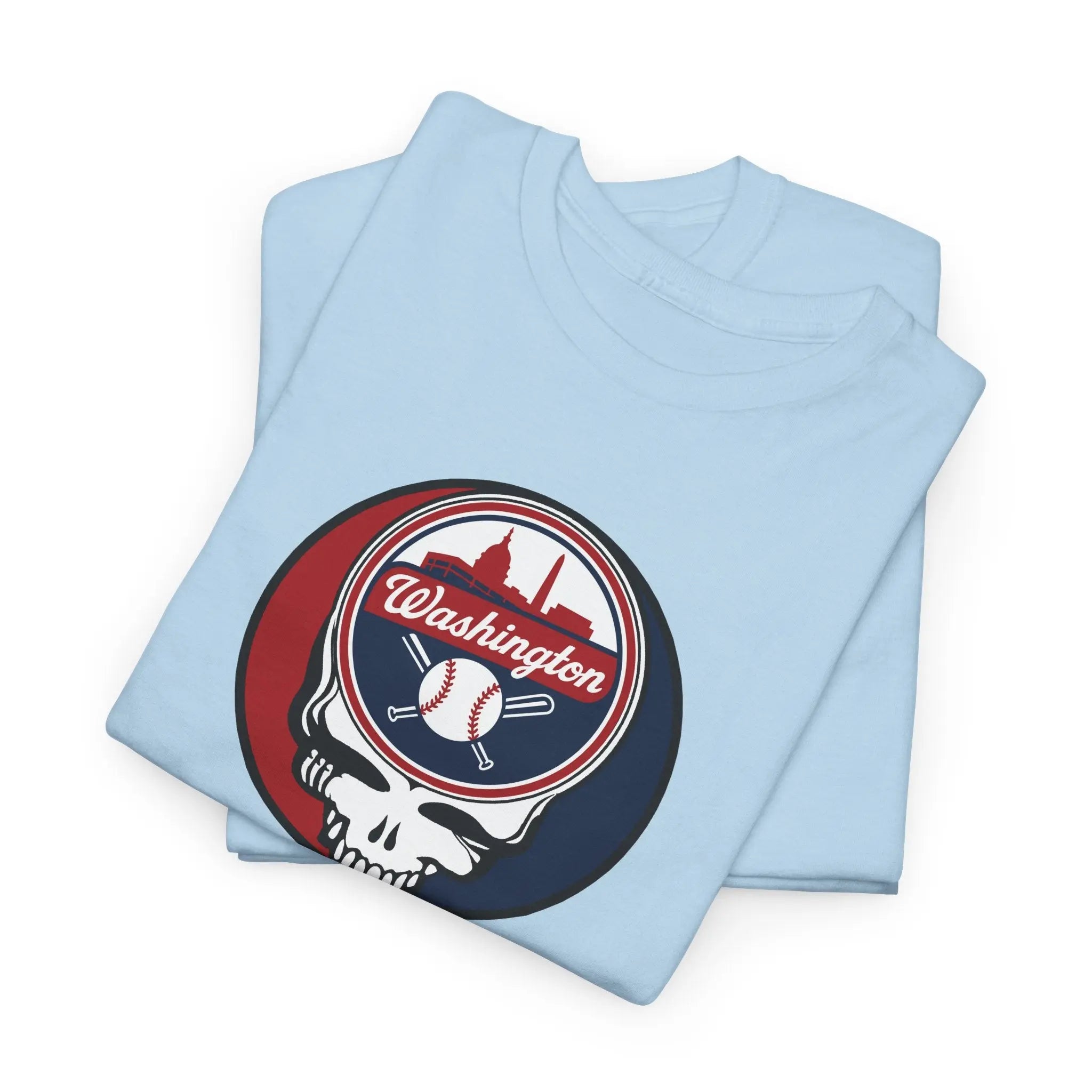 Light blue T-shirt with Washington circular logo graphic and skull