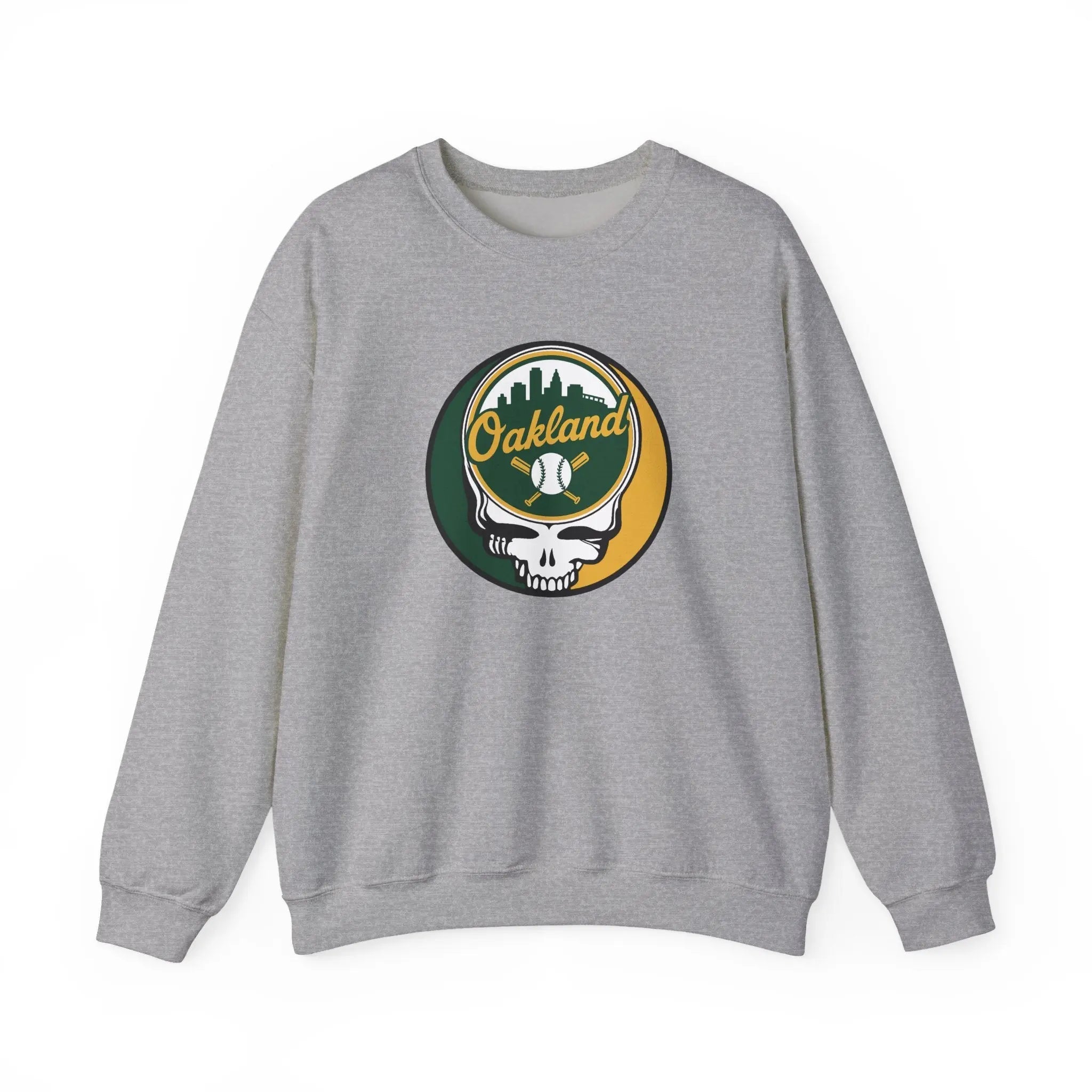 Sport grey crewneck sweatshirt with Oakland logo skull graphic on the chest