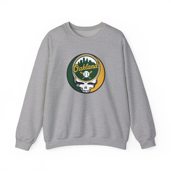 Sport grey crewneck sweatshirt with Oakland logo skull graphic on the chest