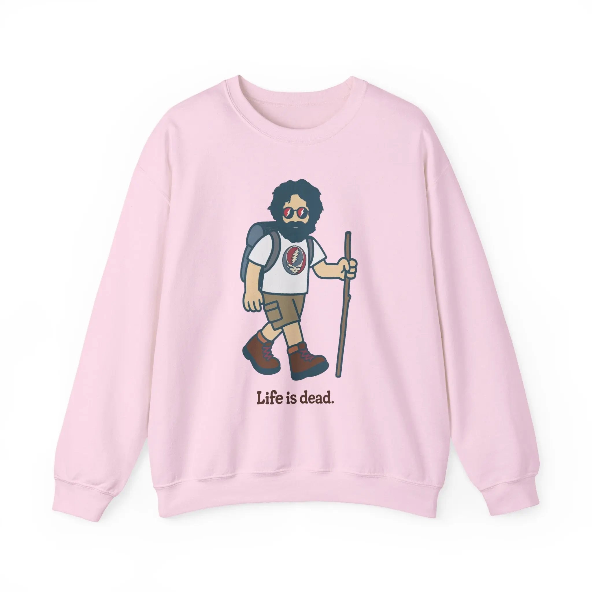 Light pink crewneck sweatshirt, front graphic print and long sleeves