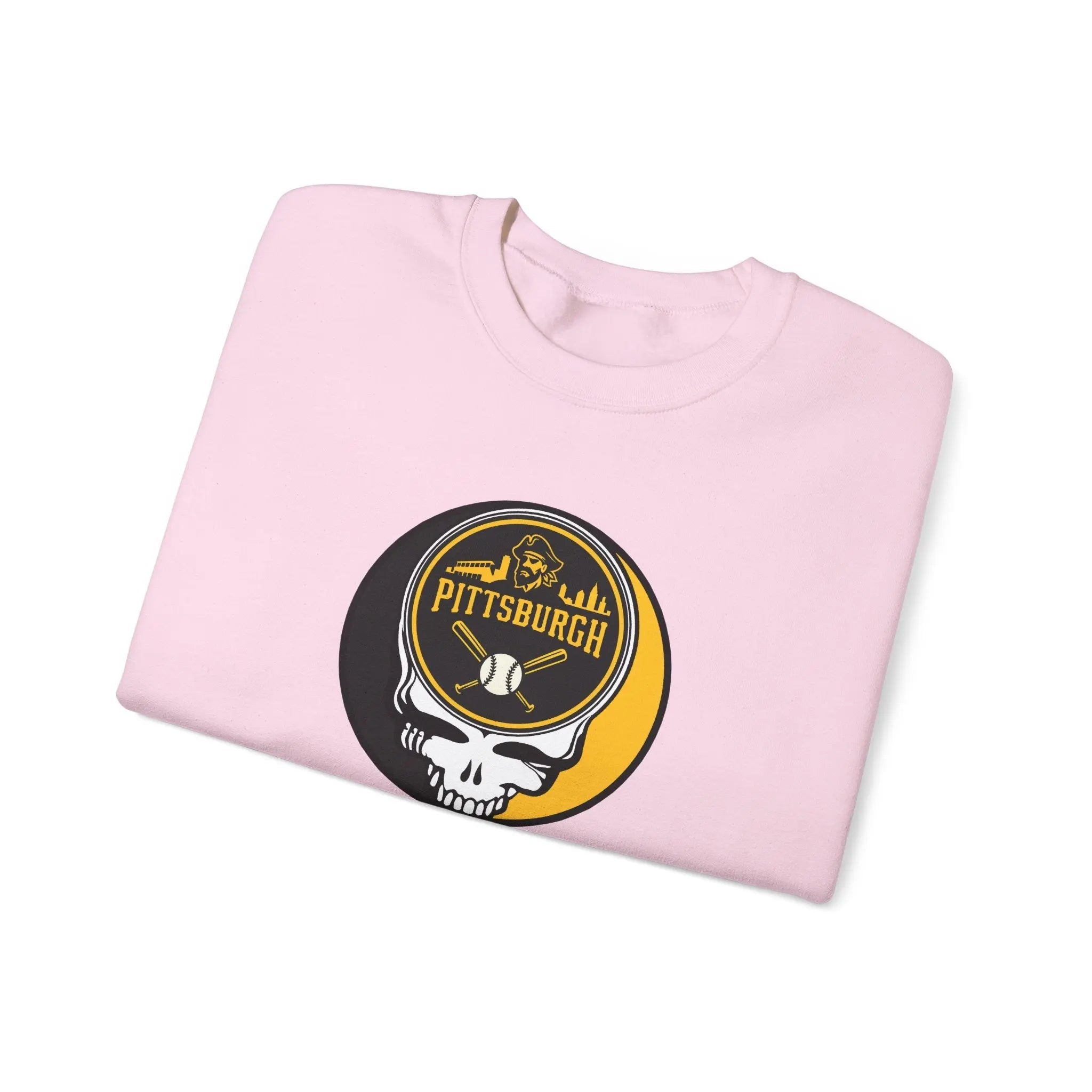 Light pink crewneck sweatshirt with circular Pittsburgh logo and skull graphic, angled view