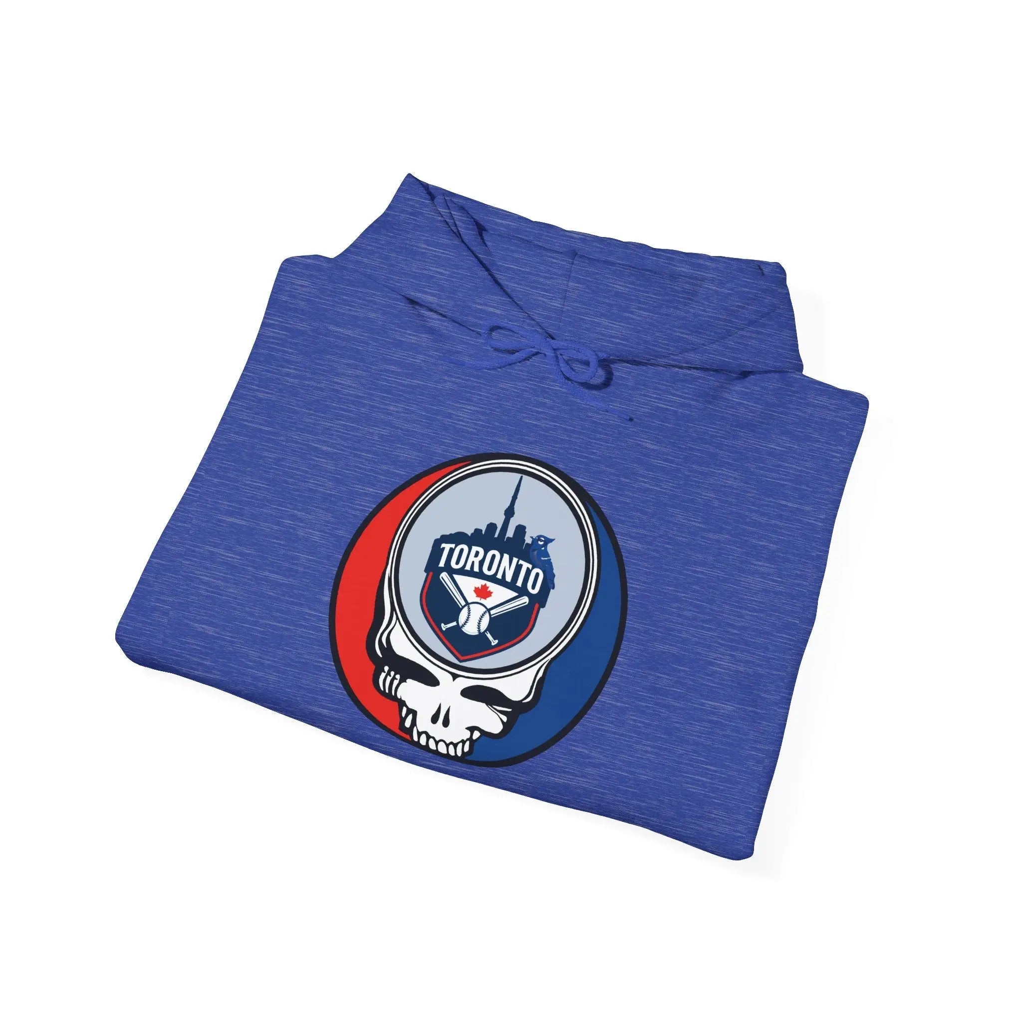 Blue pullover hoodie with front circular Toronto logo patch and drawstring hood