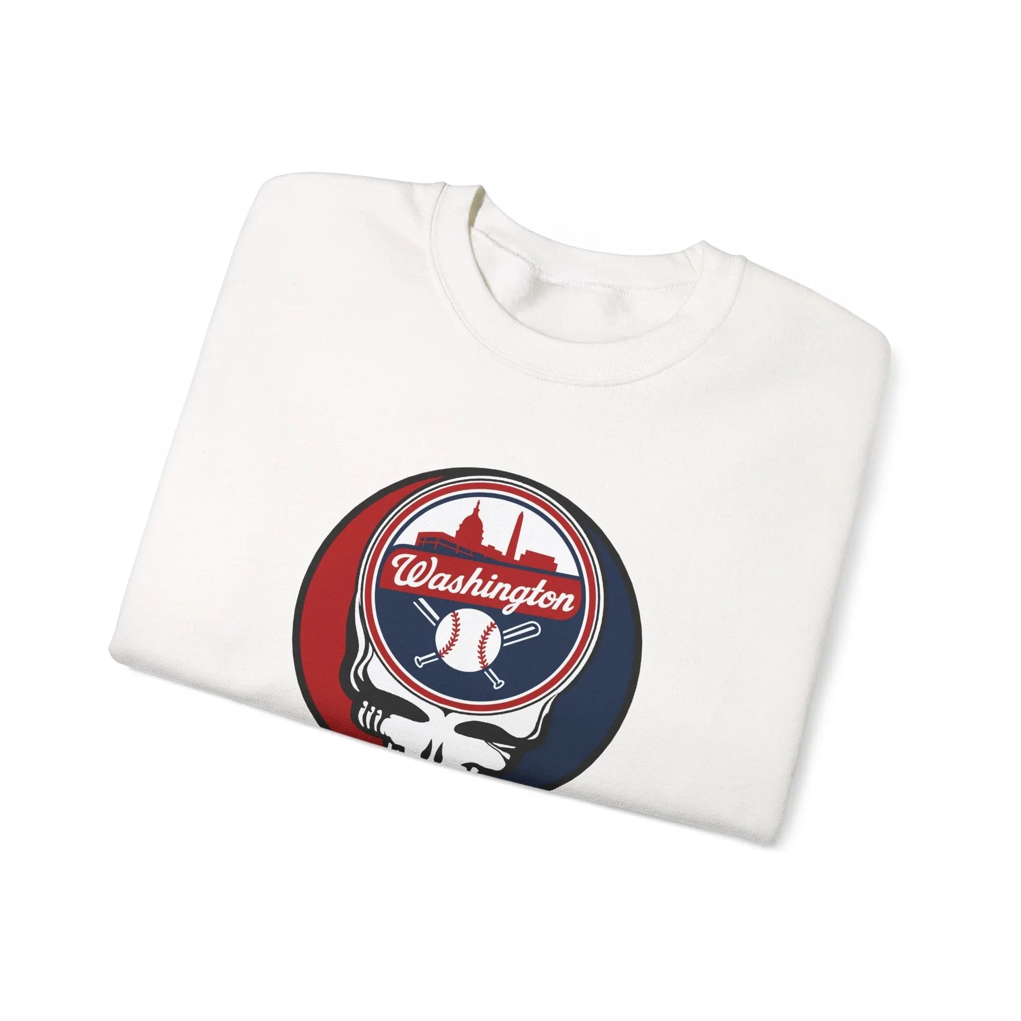 White crewneck sweatshirt with Washington logo skull graphic print on the chest