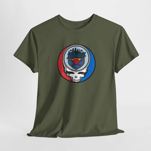 Miami Marlins Stealie T-shirt, military green, crew neck with circular skull team graphic