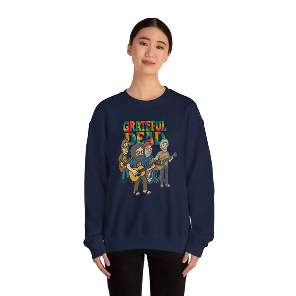 Navy crewneck sweatshirt with Grateful Dead band graphic on the chest