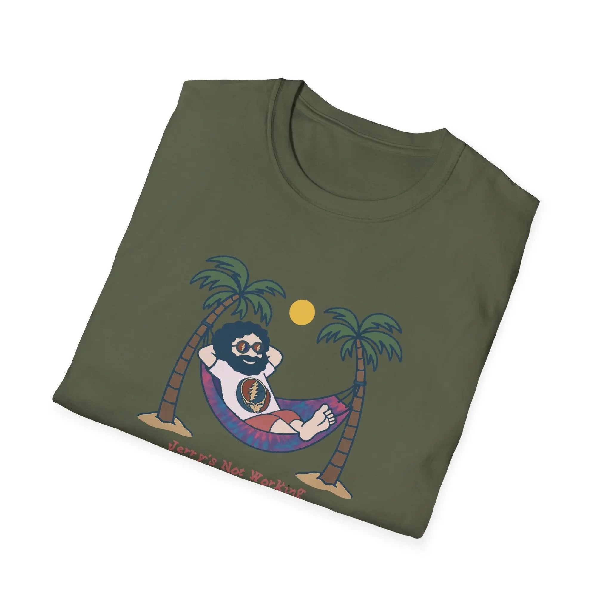 Military green crewneck T-shirt with sloth hammock graphic and palm trees