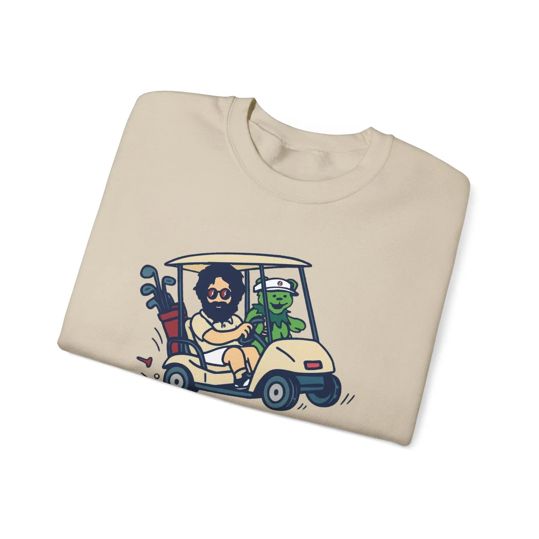 Light sand crewneck sweatshirt flat lay with cartoon car-and-characters graphic