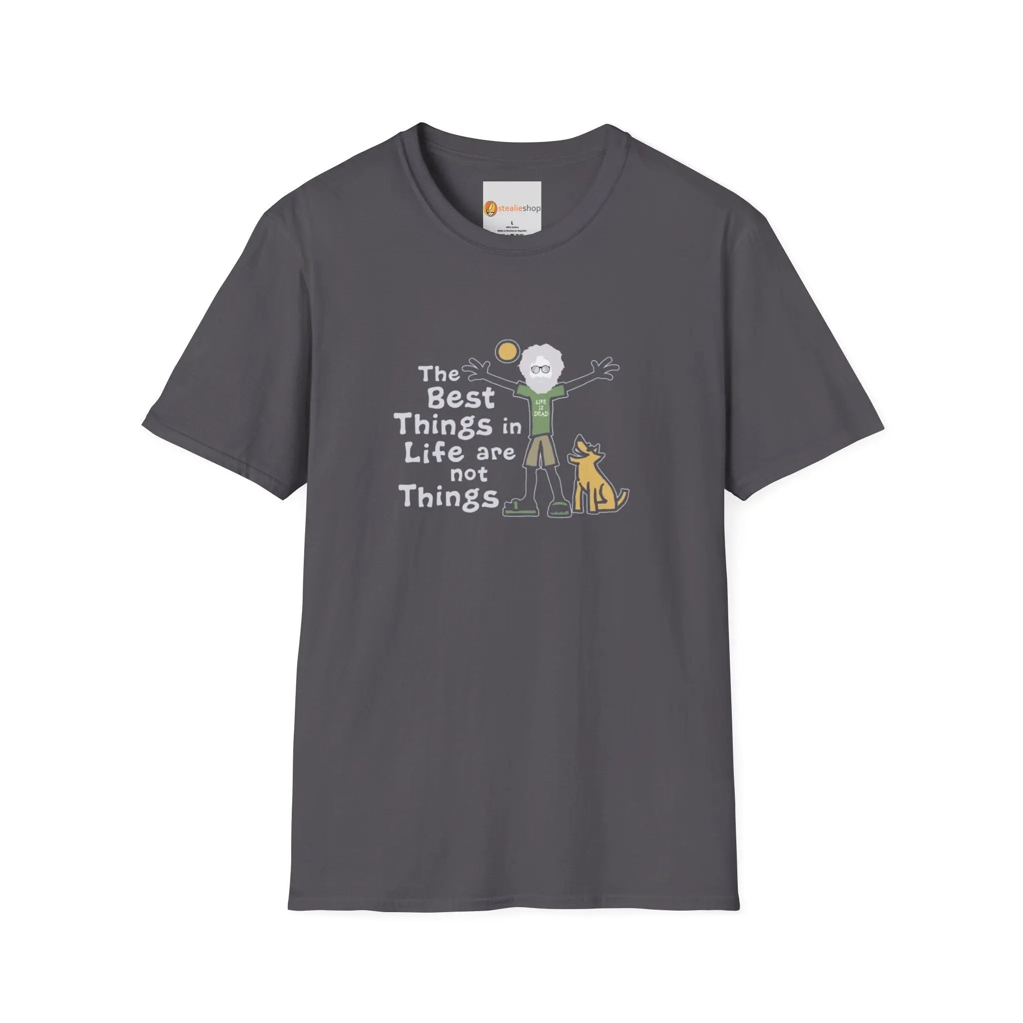 Charcoal graphic T-shirt with crew neck and short sleeves, front slogan and animal art