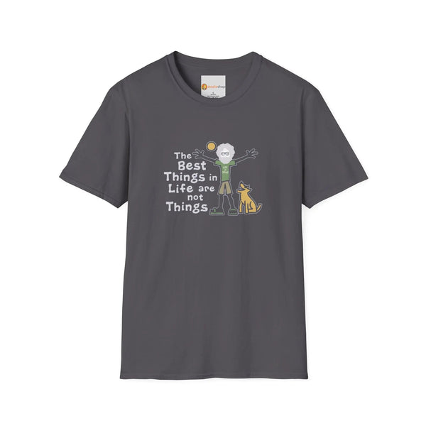 Charcoal graphic T-shirt with crew neck and short sleeves, front slogan and animal art