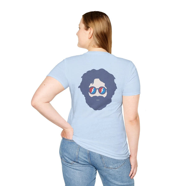 Light blue two-sided graphic T-shirt with centered back portrait and blue glasses print
