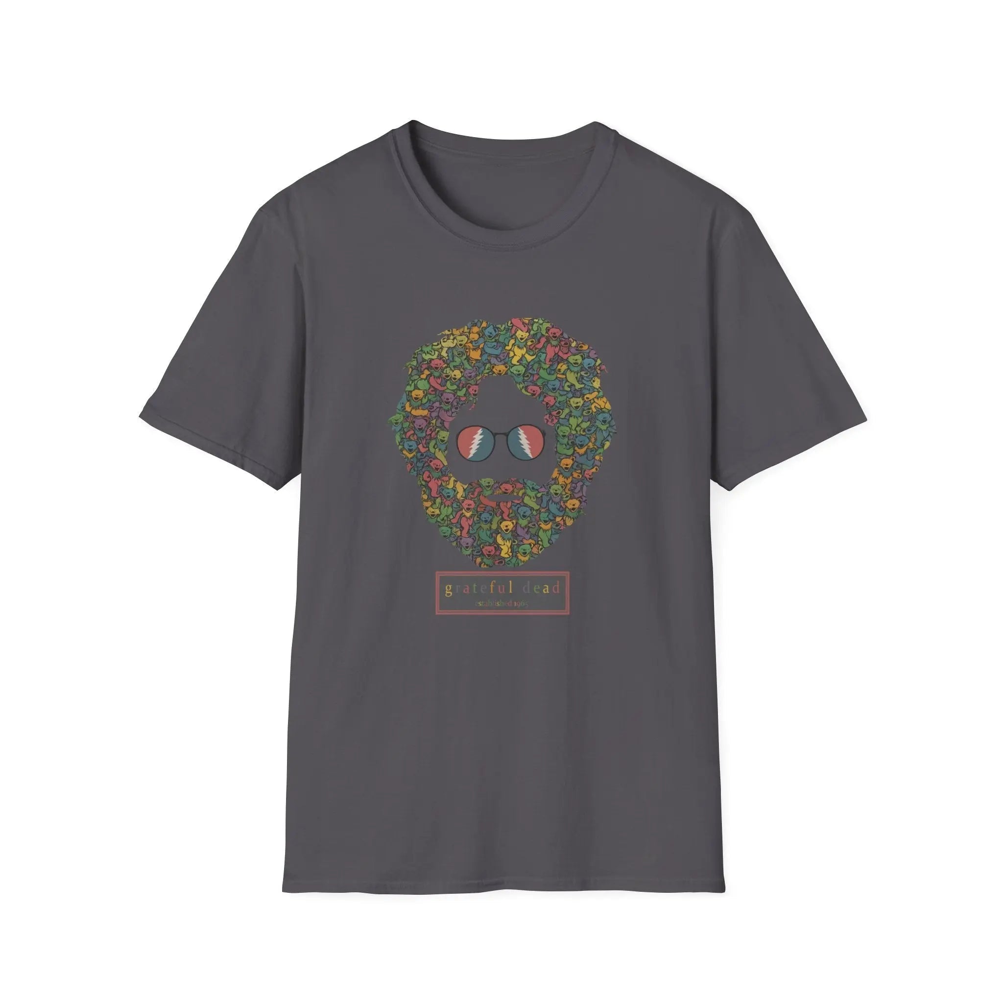 Dark gray T-shirt with colorful dancing bears face graphic on the chest.