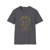Dark gray T-shirt with colorful dancing bears face graphic on the chest.