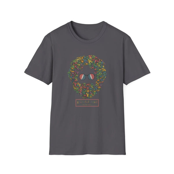 Dark gray T-shirt with colorful dancing bears face graphic on the chest.