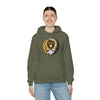 Military green pullover hoodie with hood and San Diego circular logo graphic
