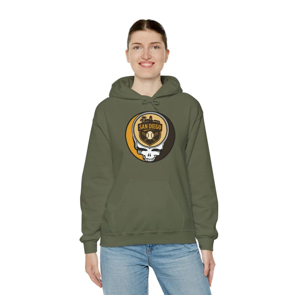 Military green pullover hoodie with hood and San Diego circular logo graphic