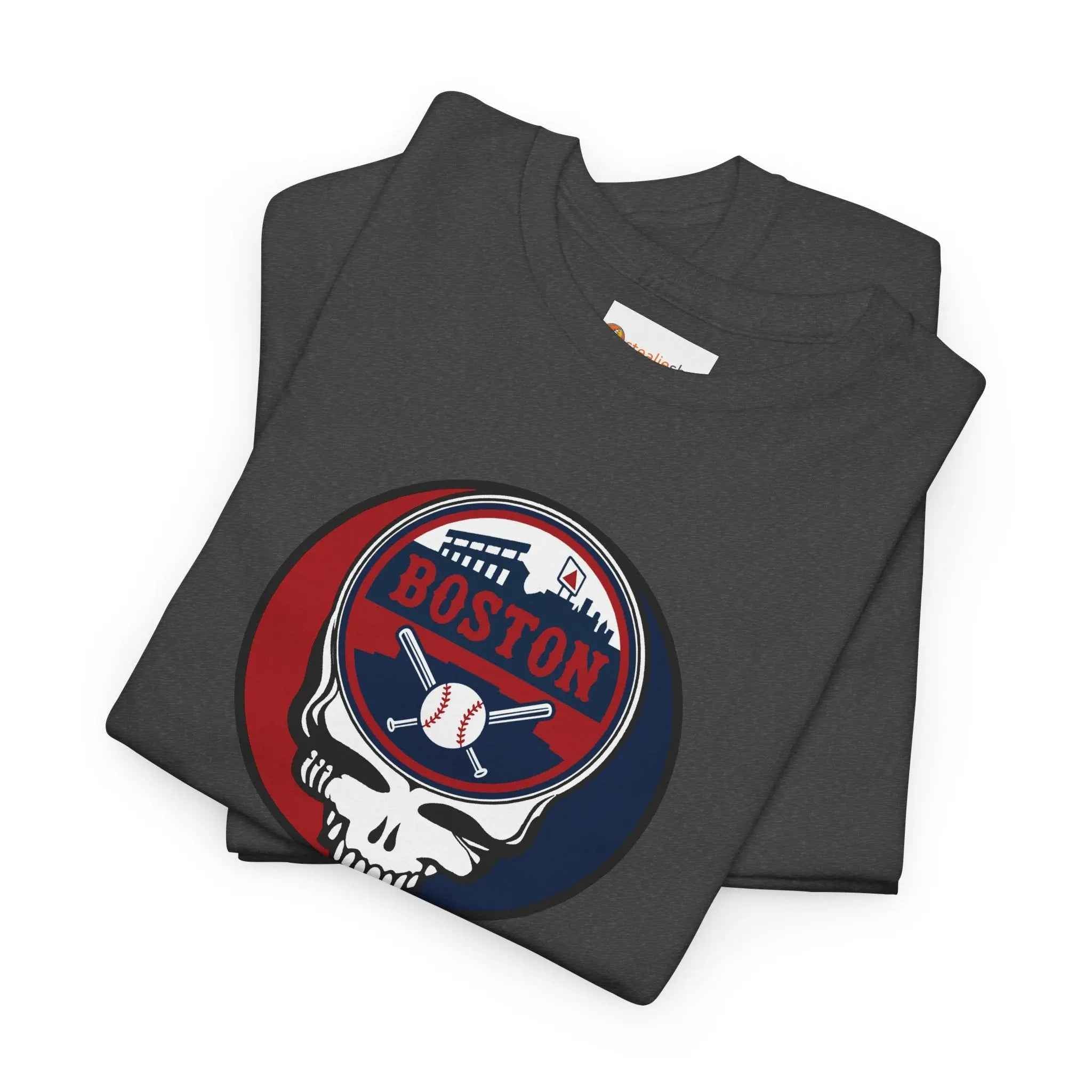 Charcoal gray crewneck T-shirt with circular Boston logo and skull graphic
