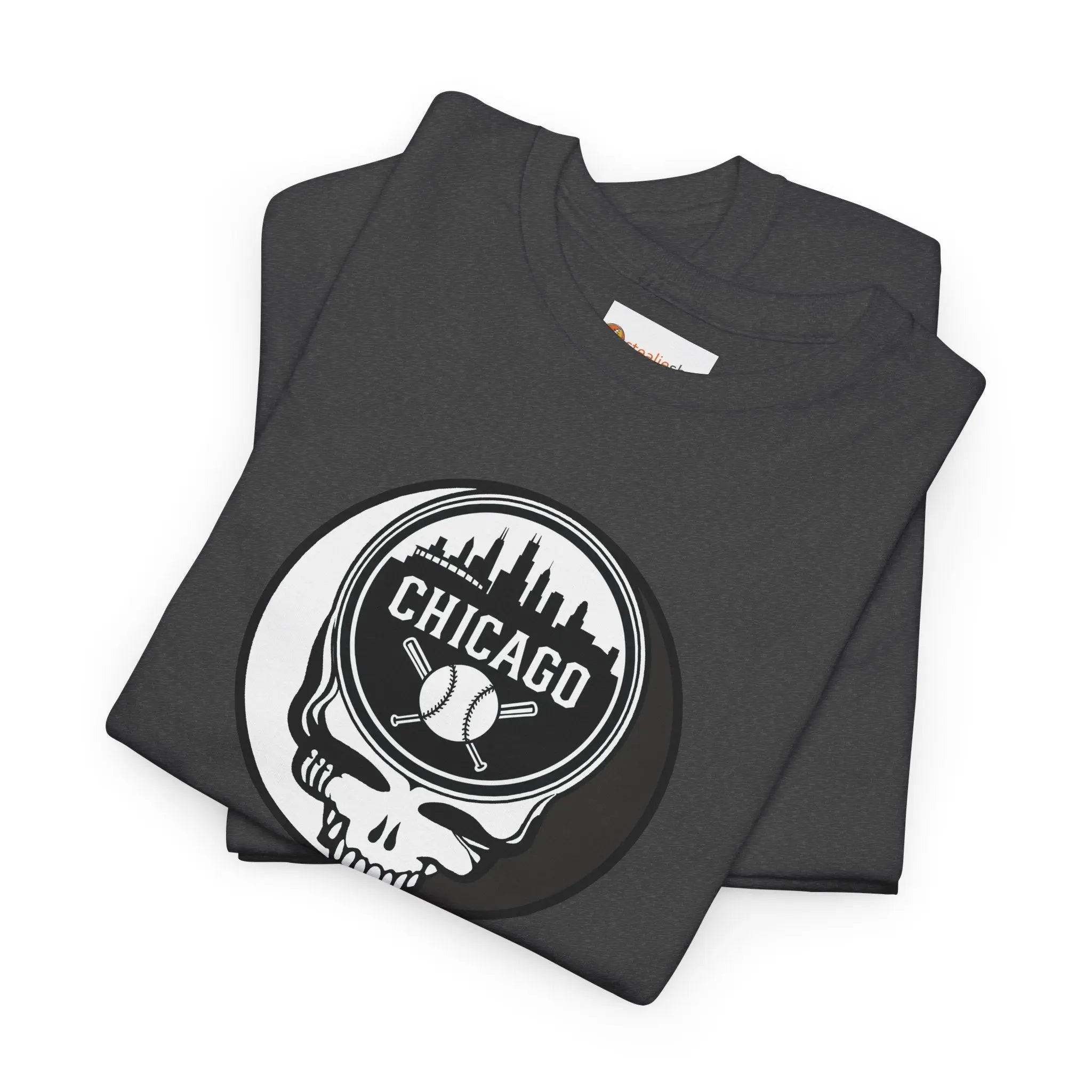 Dark gray Chicago Stealie skull T-shirt with circular Chicago logo graphic on chest