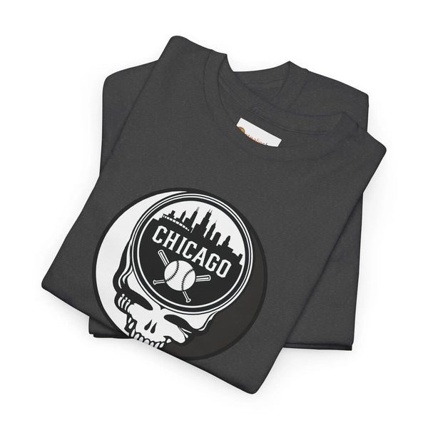 Dark gray Chicago Stealie skull T-shirt with circular Chicago logo graphic on chest