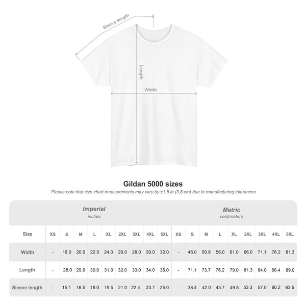 White crew-neck T-shirt size chart diagram with width and length measurements