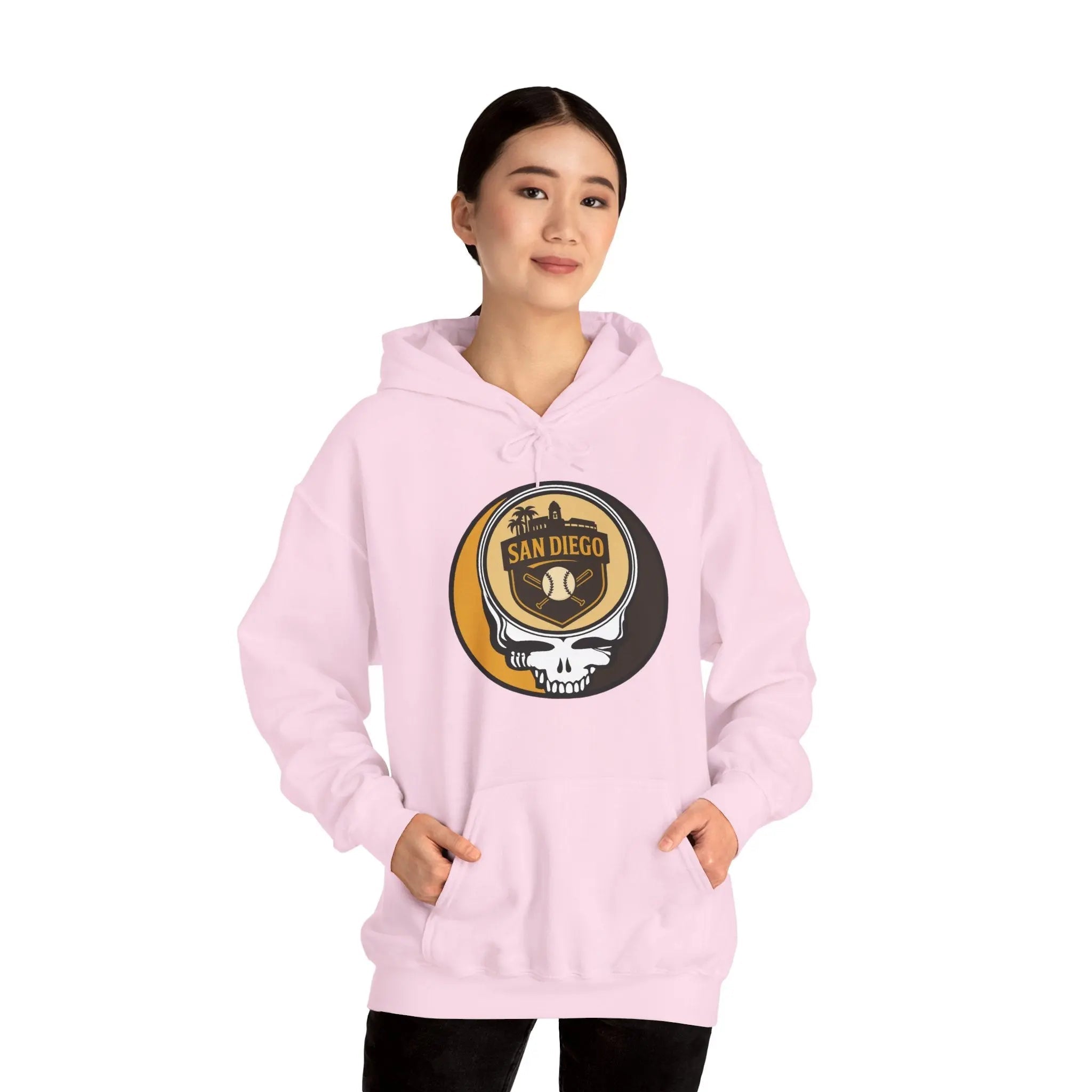 Light pink pullover hoodie with hood and San Diego circular logo graphic