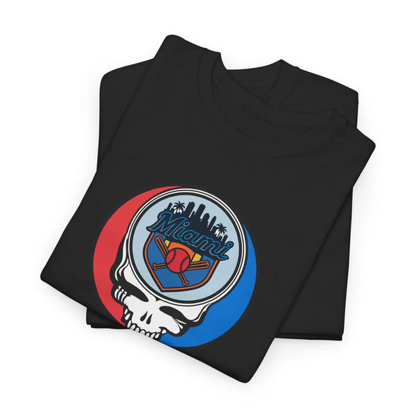 Black crewneck graphic T-shirt with circular skull logo on the chest