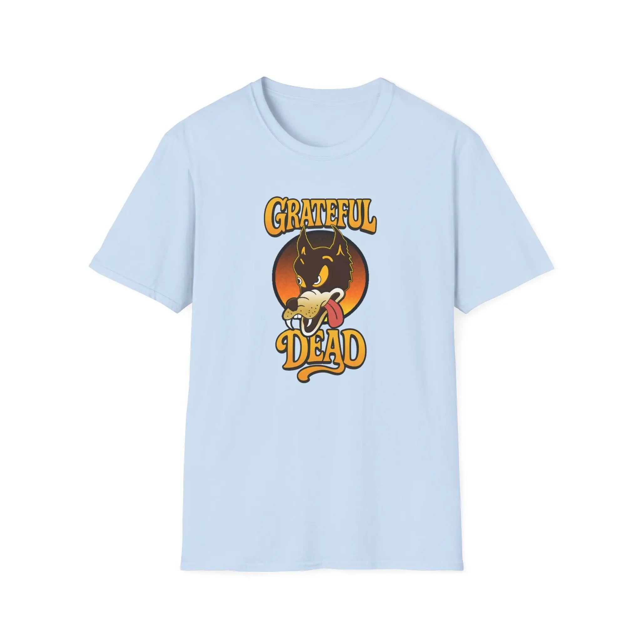 Light blue T-shirt with front graphic of wolf head and “Grateful Dead” text