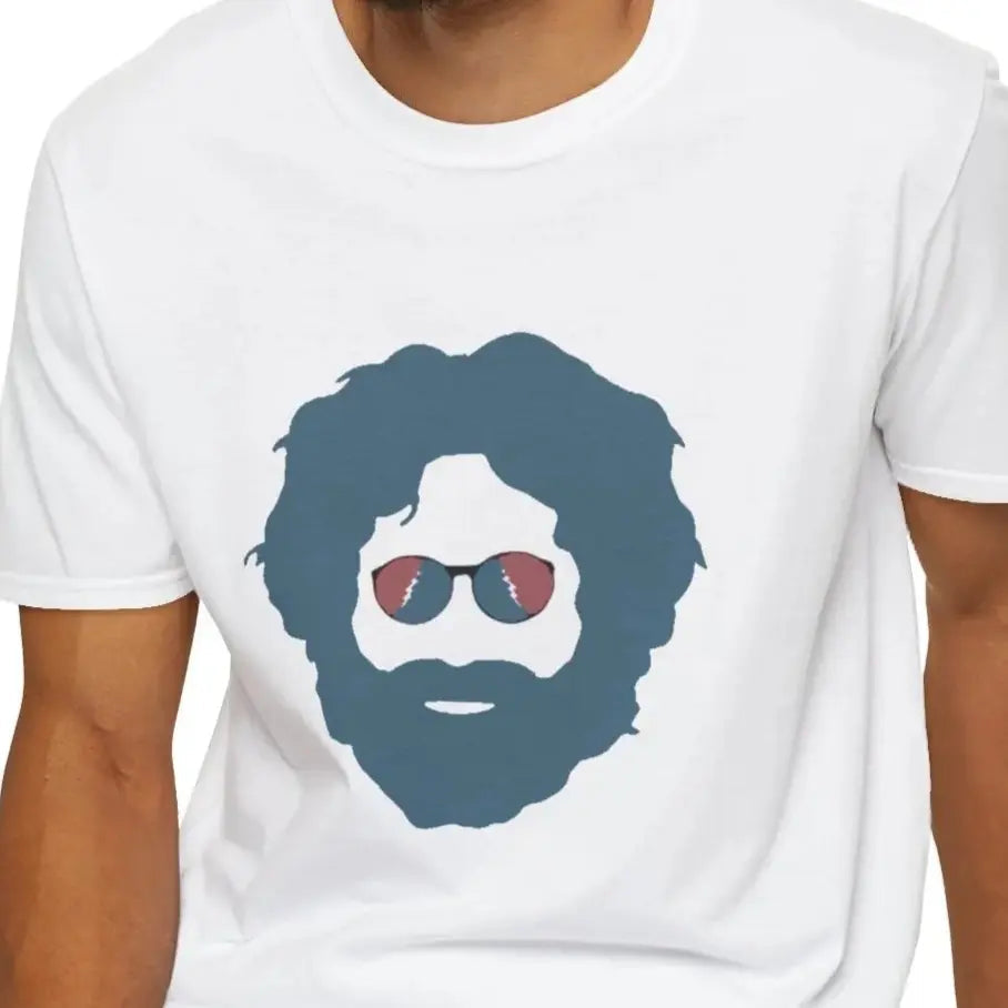 White T-shirt with blue bearded face graphic and sunglasses