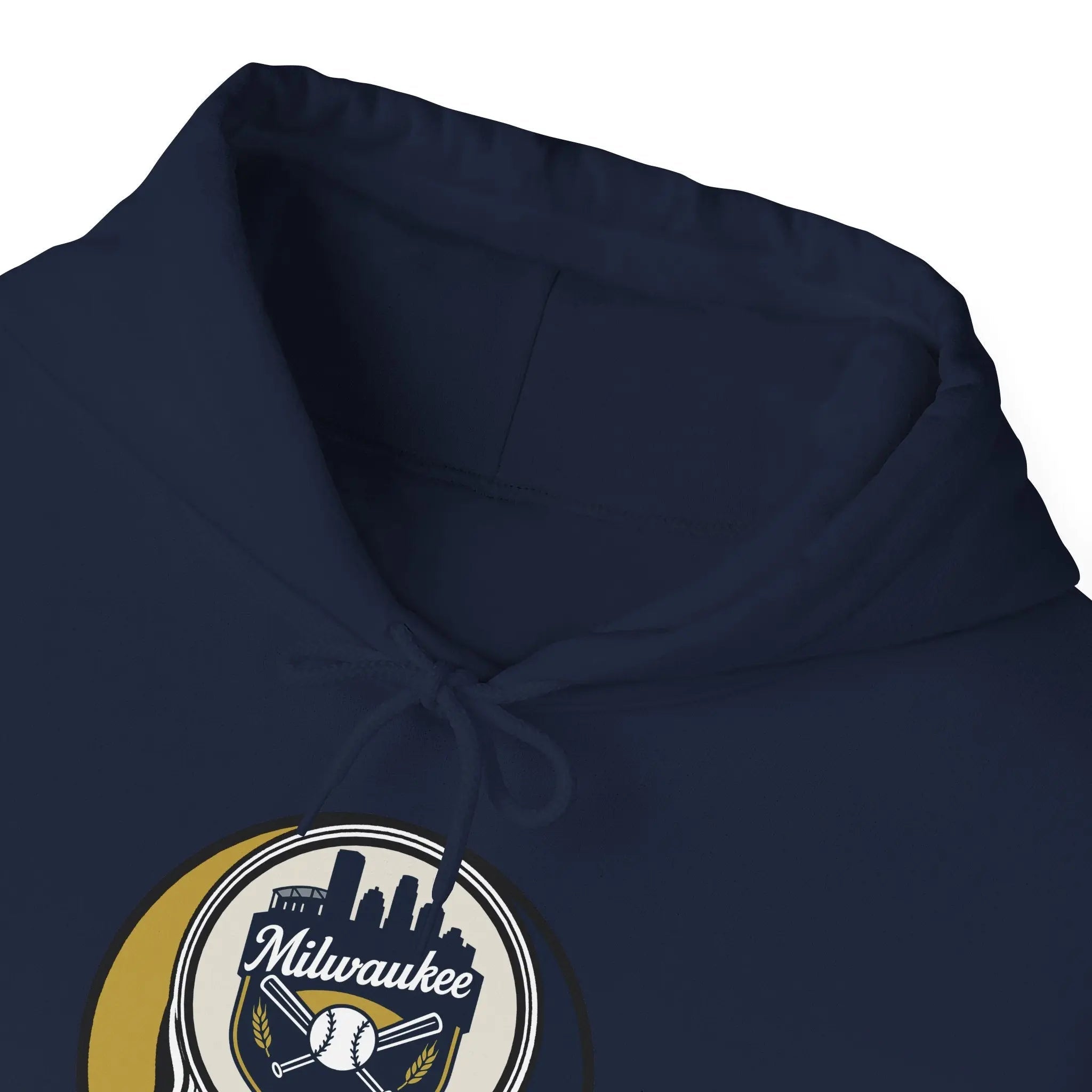 Navy hoodie close-up of drawstring hood and Milwaukee logo patch
