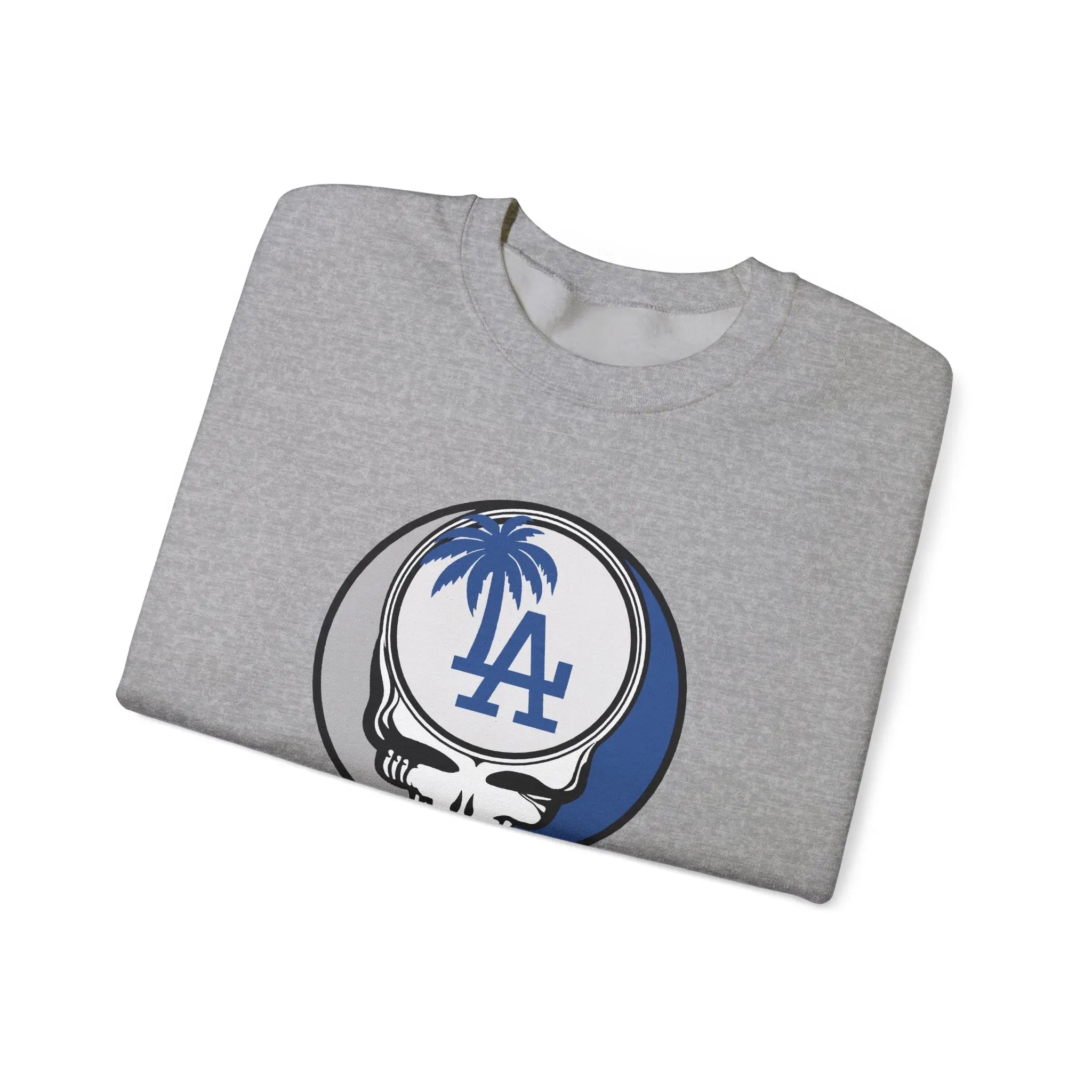 Heather gray Los Angeles Dodgers crewneck sweatshirt with circular Stealie logo