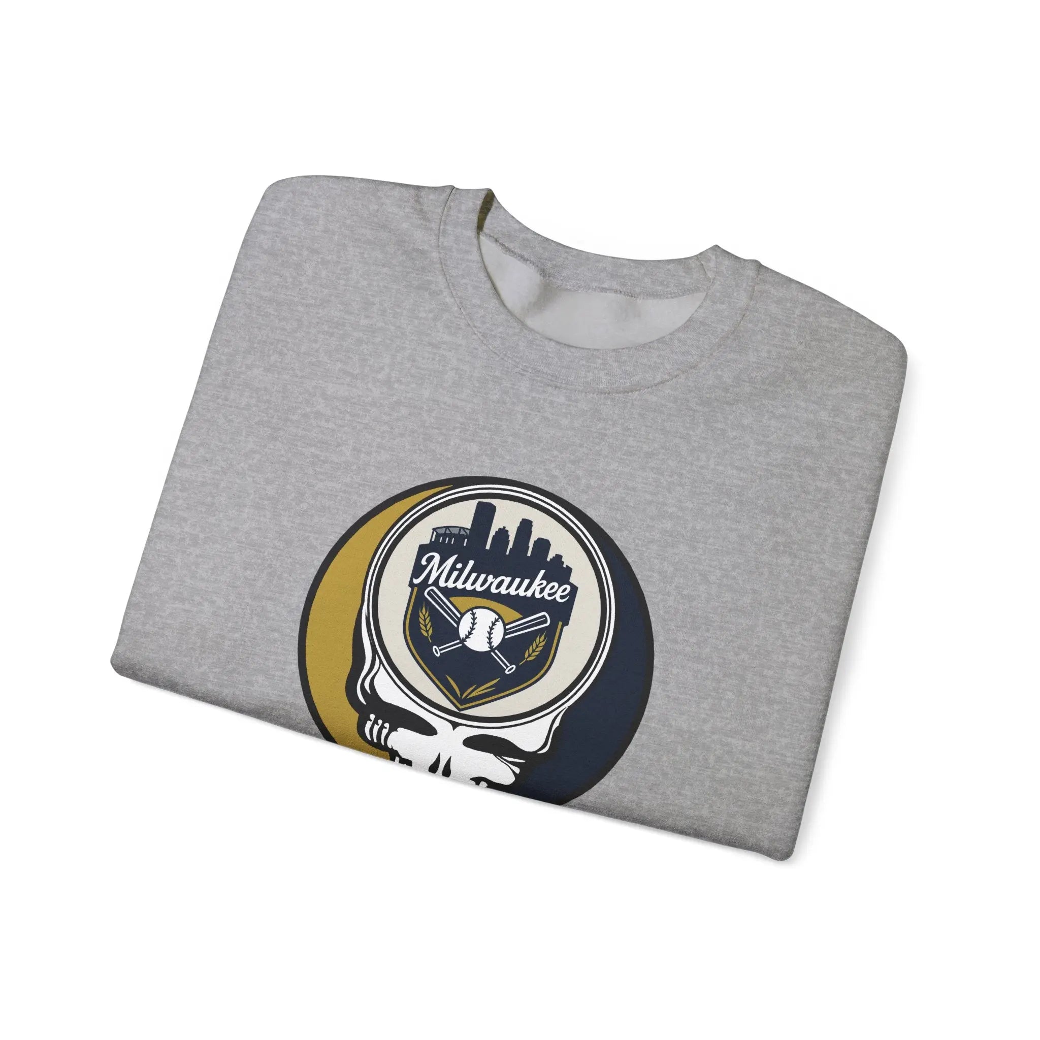 Sport grey crewneck sweatshirt with large circular Milwaukee skull logo