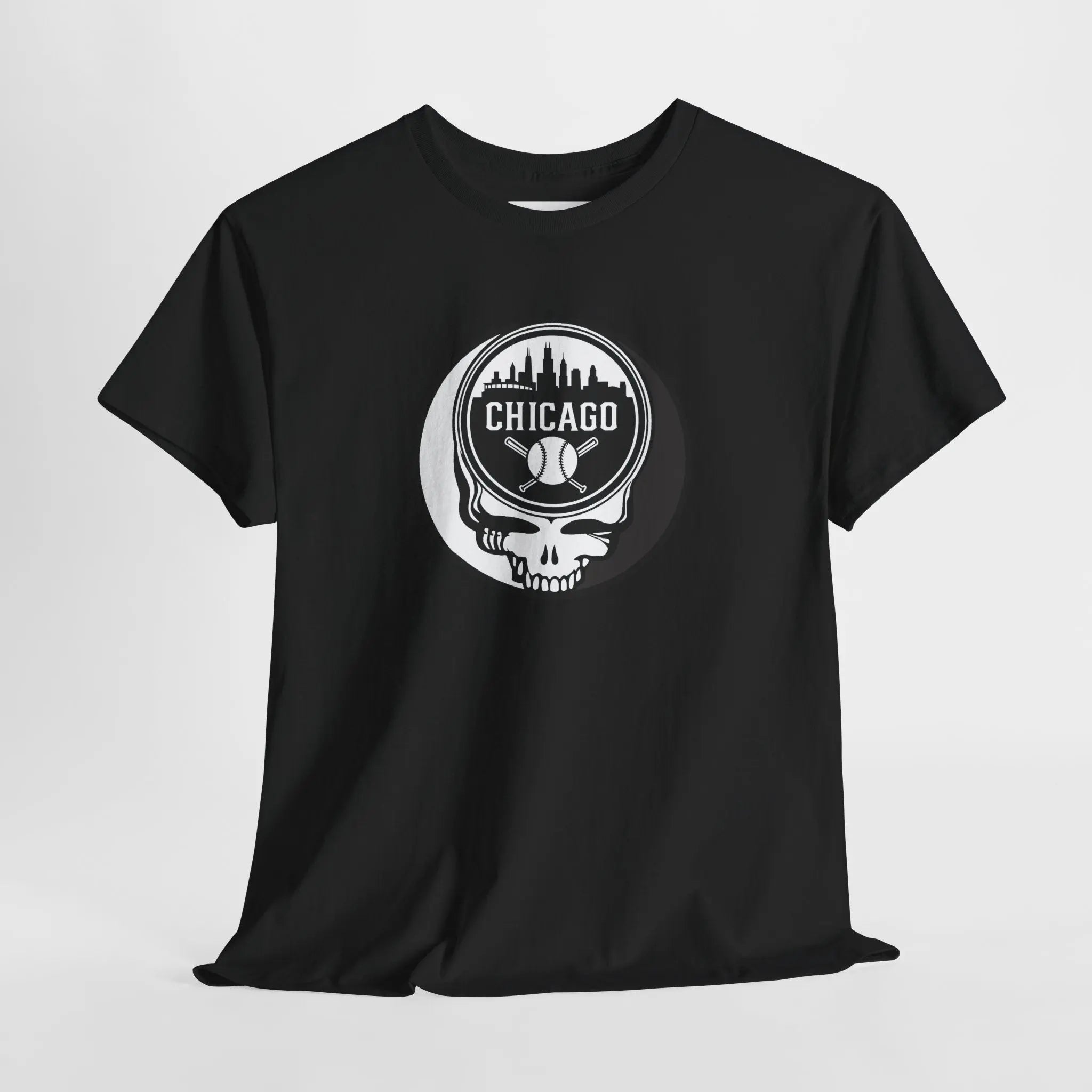 Black Chicago Stealie skull T-shirt with circular Chicago logo graphic on front