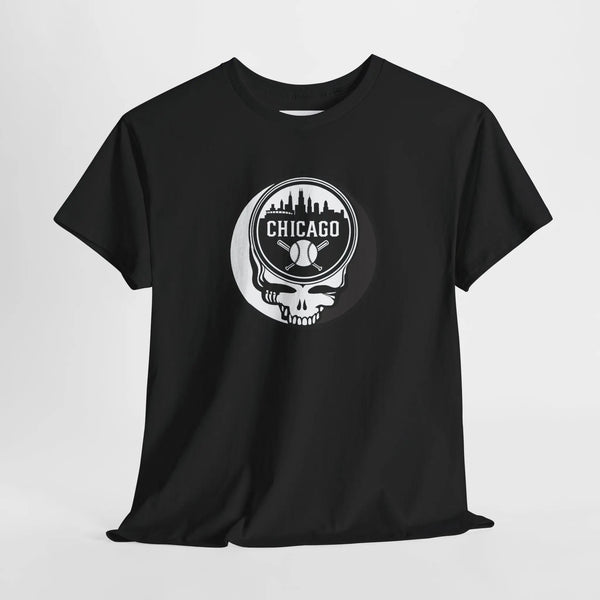 Black Chicago Stealie skull T-shirt with circular Chicago logo graphic on front