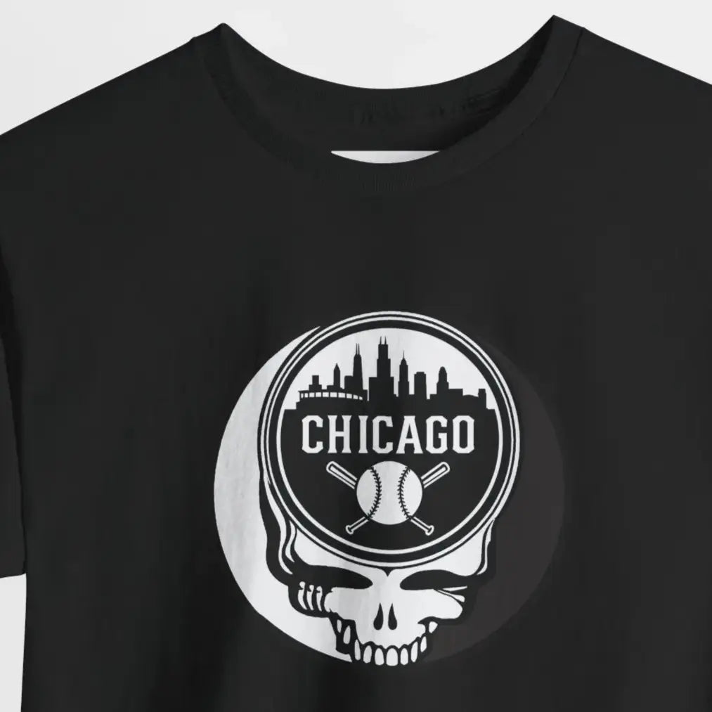 Black Chicago Stealie skull T-shirt with circular logo graphic at center chest